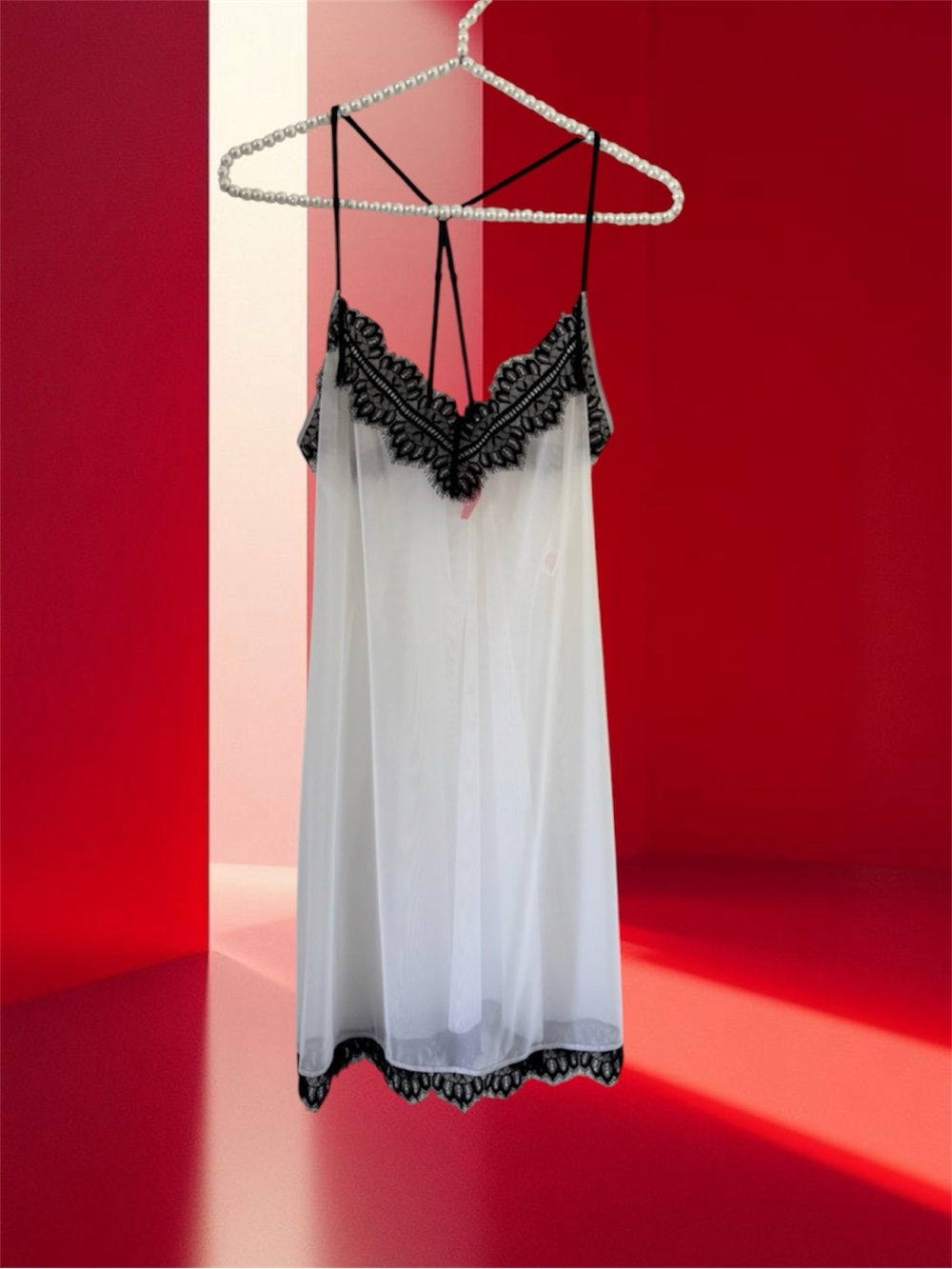 Jose Natori White Sheer Mesh Black Lace Slip Dress Nightgown Size M